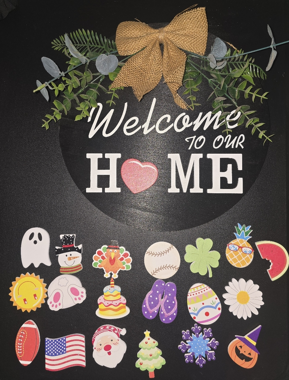 Interchangeable Welcome Home Sign W/ 20 Changeable Seasonal Icons Rustic Wreath